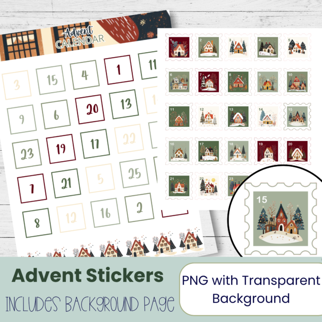 Scandinavian Christmas Village Advent Calendar 2026 – Cozy Printable Advent Stickers for Planners and December Calendars CV103