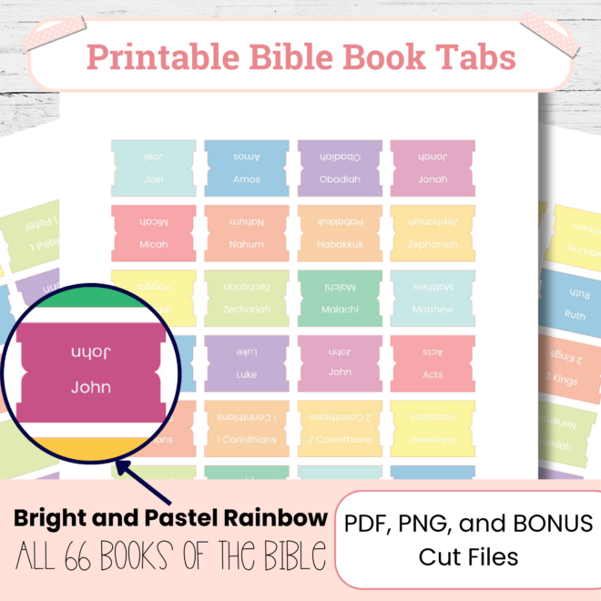 Printable Bible Tabs – 66 Books | Pastel & Bright Rainbow | Bible Study Printables | Scripture Tabs for Journaling and Organization