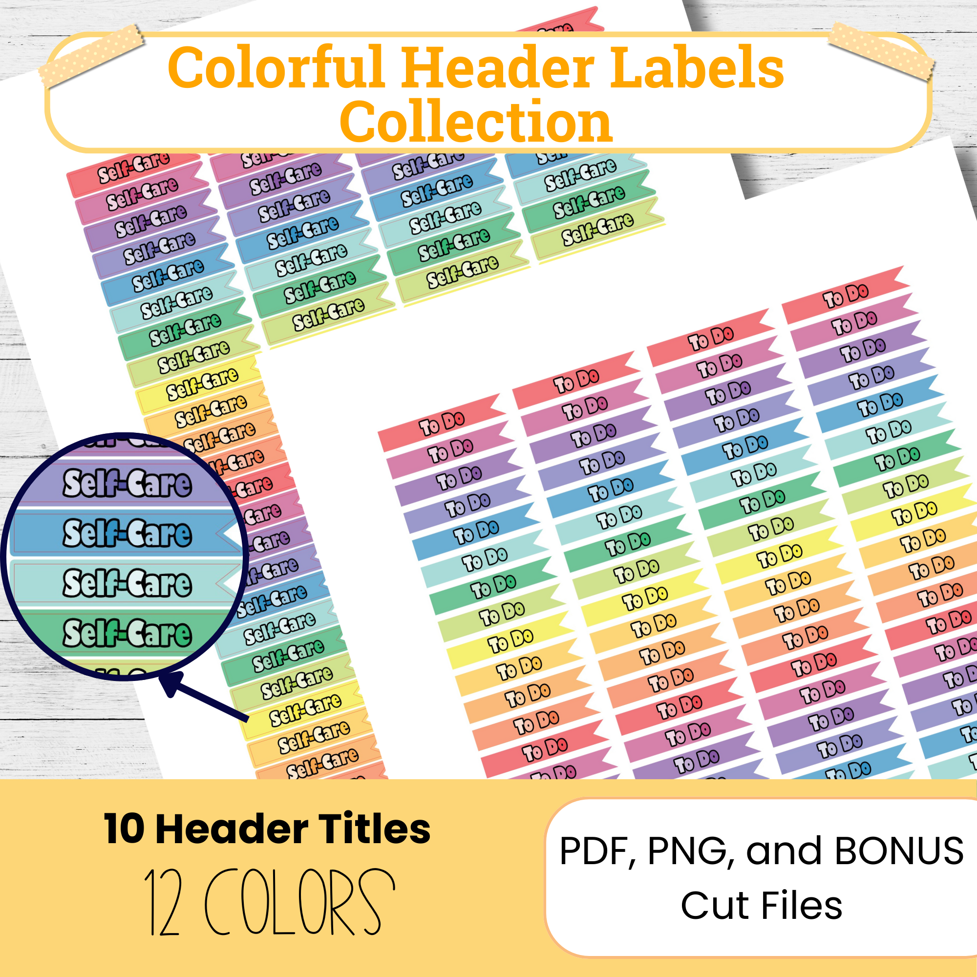 Rainbow Planner Stickers: Functional Header Labels (PDF, PNG, Cut Files)