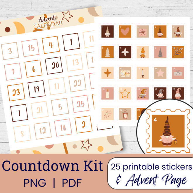 Printable Boho Christmas Gnome Countdown Stickers | Advent DIY Kit
