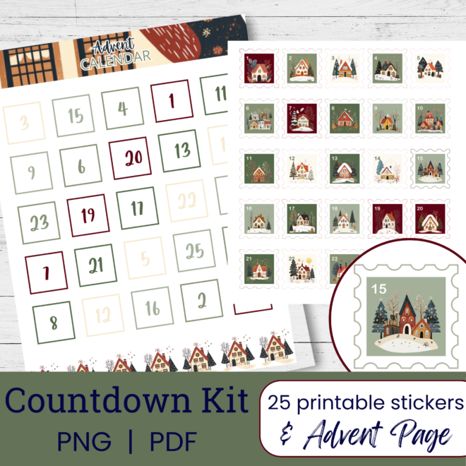 Printable Scandinavian Christmas Village Countdown Stickers | Advent DIY Kit