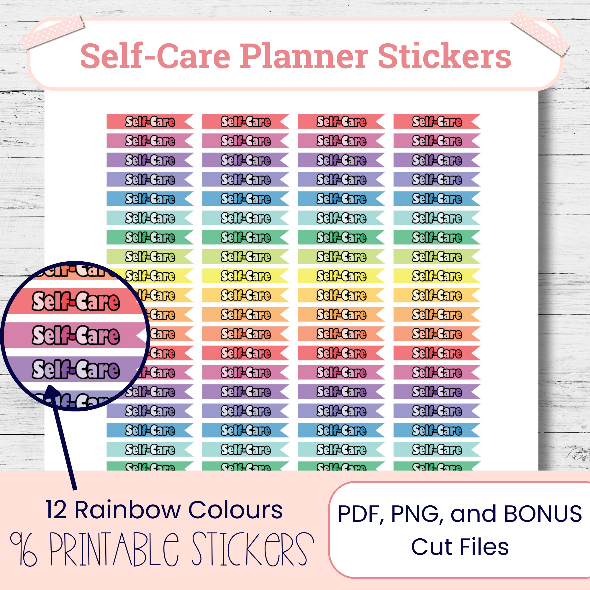 Self-Care Planner Headers – Printable Rainbow Flag Stickers for Daily Planning | 96 Digital Labels
