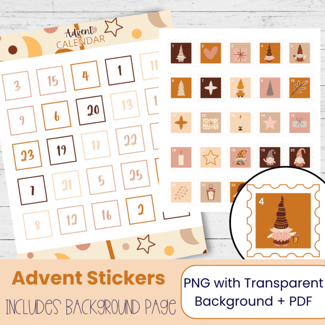 Printable Boho Christmas Advent Calendar 2025 – Gnome Christmas Countdown Stickers - Advent Calendar for Adults BG104