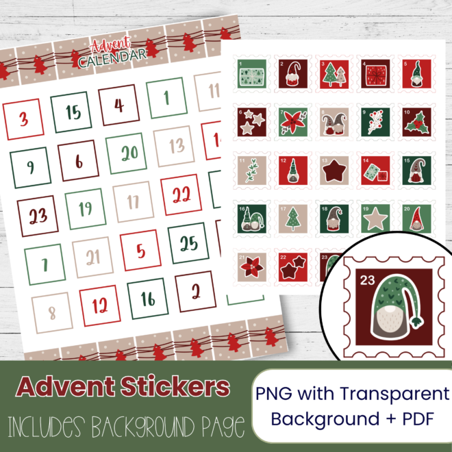 Christmas Gnome Advent Calendar 2026 – Printable Holiday Countdown Stickers for Christmas Planners
