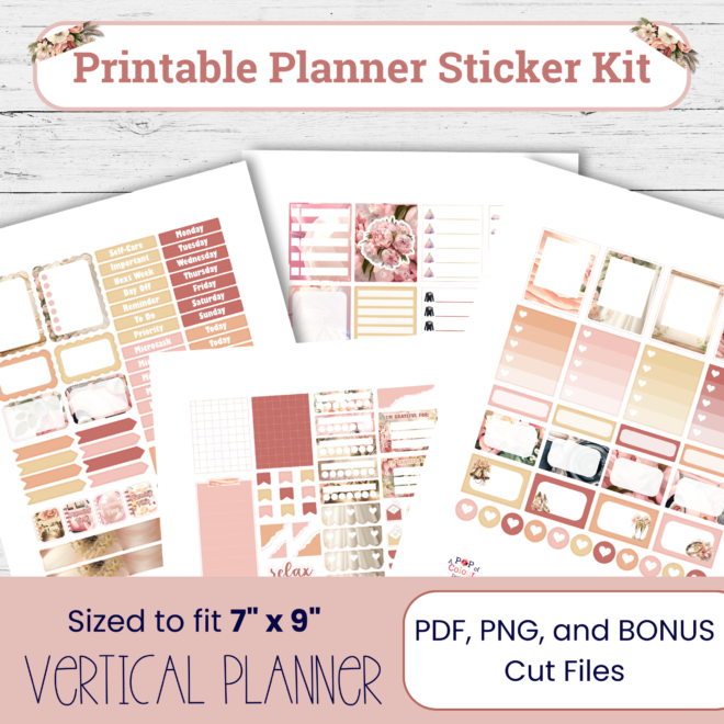 Classic Wedding Planner Sticker Kit – Printable Floral Stickers for 7x9 Vertical Planners – PDF, PNG + Cut Files