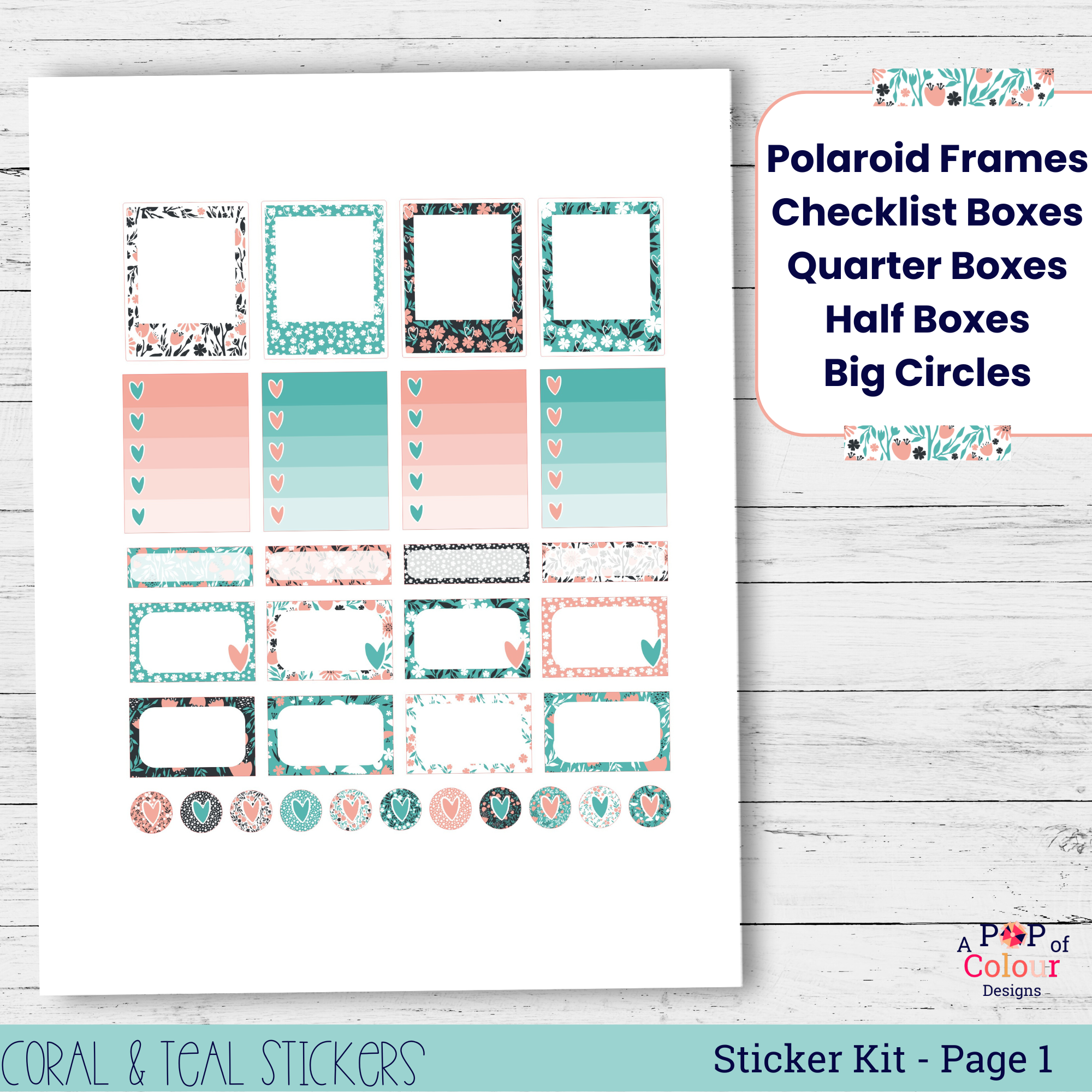 Coral and Teal Flower Pattern Stickers for Your Planner I Printable Stickers | 4-Page Weekly Planner Sticker Kit - Image 2