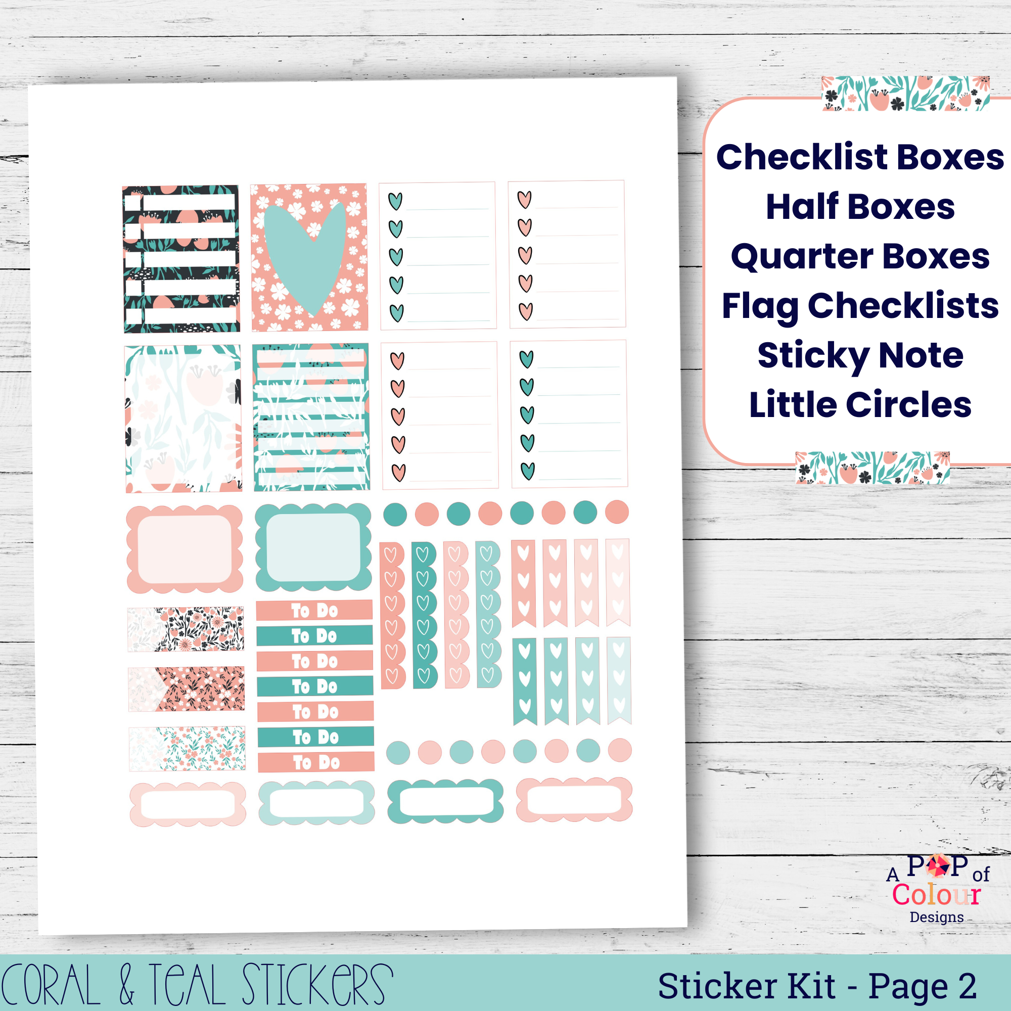Coral and Teal Flower Pattern Stickers for Your Planner I Printable Stickers | 4-Page Weekly Planner Sticker Kit - Image 3