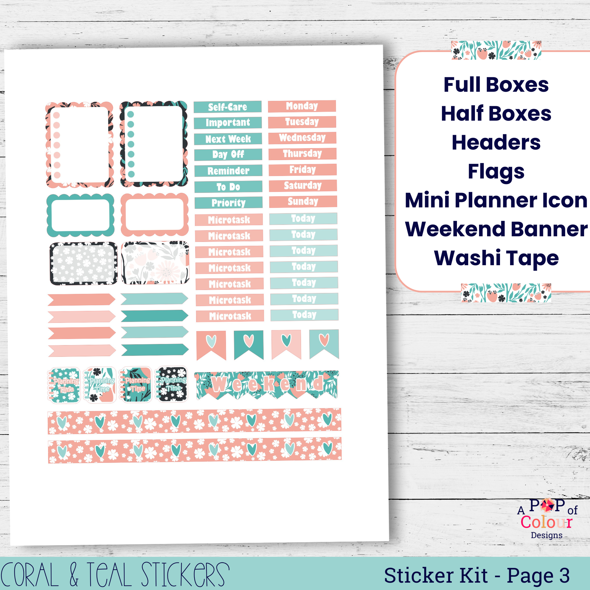 Coral and Teal Flower Pattern Stickers for Your Planner I Printable Stickers | 4-Page Weekly Planner Sticker Kit - Image 4