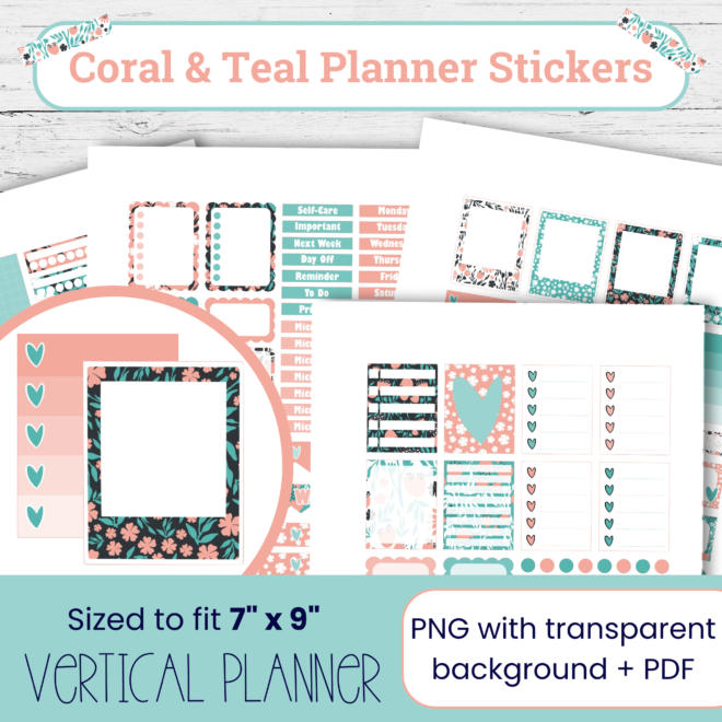 Coral and Teal Flower Pattern Stickers for Your Planner I Printable Stickers | 4-Page Weekly Planner Sticker Kit