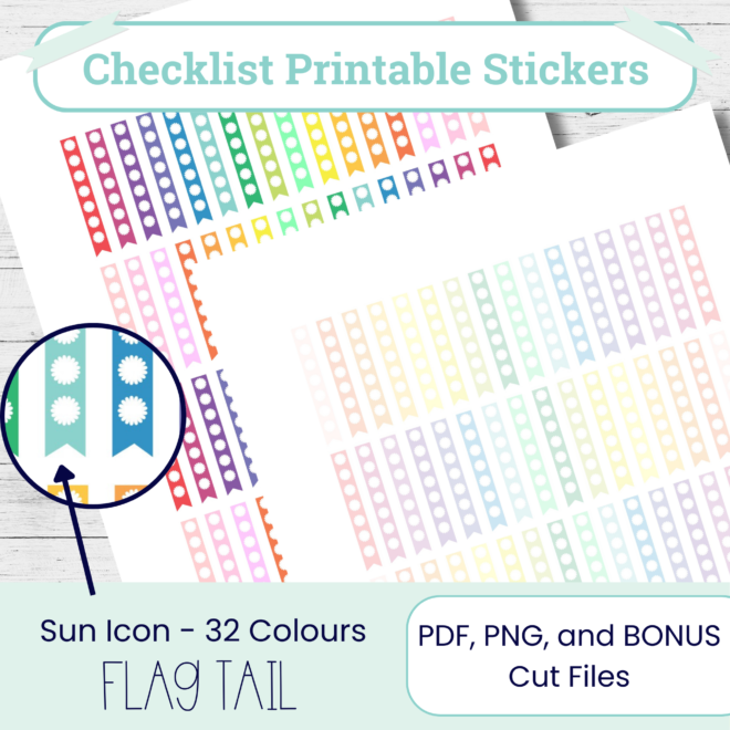 Flag-Tailed Checklist Stickers: Sun Icon Planner Stickers (PDF, PNG, Cut Files)