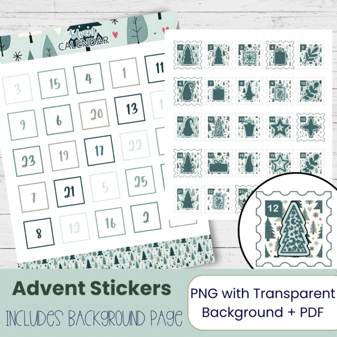 Nordic Christmas Tree Advent Calendar Stickers: Printable DIY Kit (Digital Download))