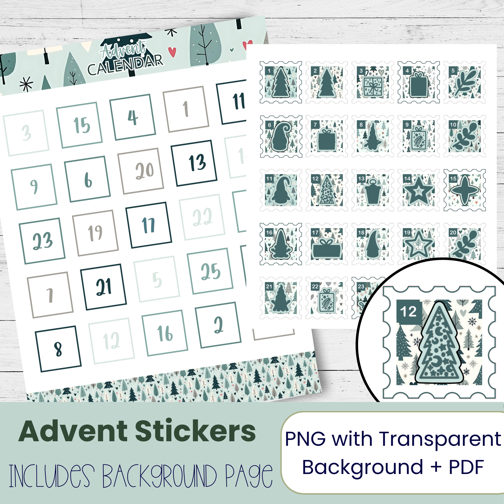 Nordic Christmas Tree Advent Calendar Stickers: Printable DIY Kit (Digital Download))