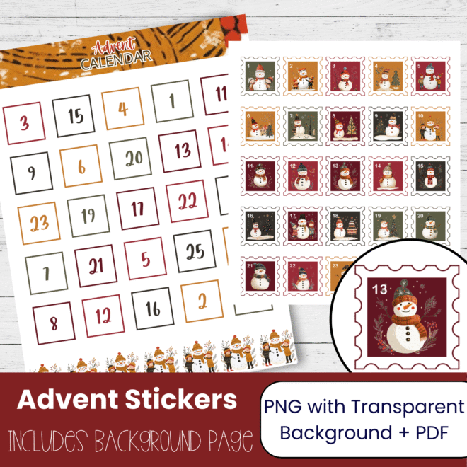 Printable Nordic Style Snowman Advent Calendar 2026 – Christmas Countdown Stickers for Planners and December Calendar