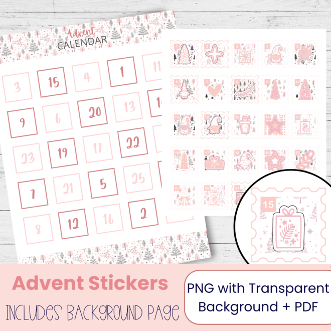 Pink Christmas Scandinavian Style Advent Calendar 2026 –  Printable Pastel Christmas Countdown Stickers for Planners and DIY Gifts PC105