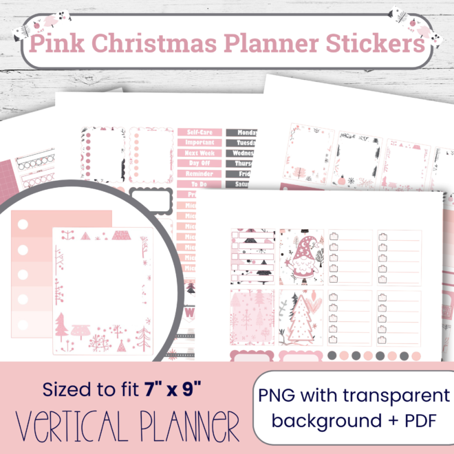 Pink Christmas Scandinavian Style Weekly Planner Stickers – Printable Pastel Christmas Sticker Sheets for Vertical Planners PC105