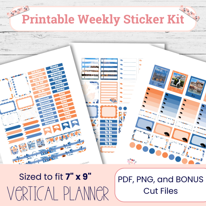 Terracotta and Blue Weekly Planner Stickers | Printable Vertical Planner Sticker Kit