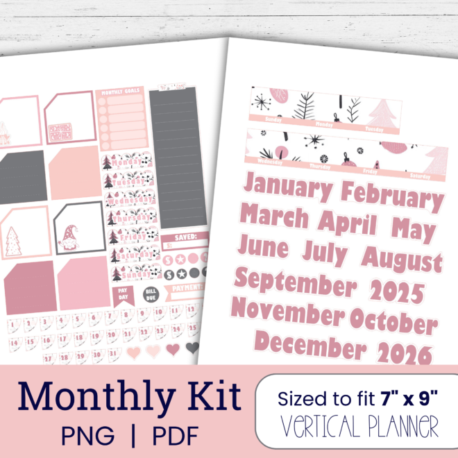 Pink Christmas Monthly Planner Stickers | Printable Vertical Planner Stickers | Pastel Scandinavian Christmas Stickers PC105