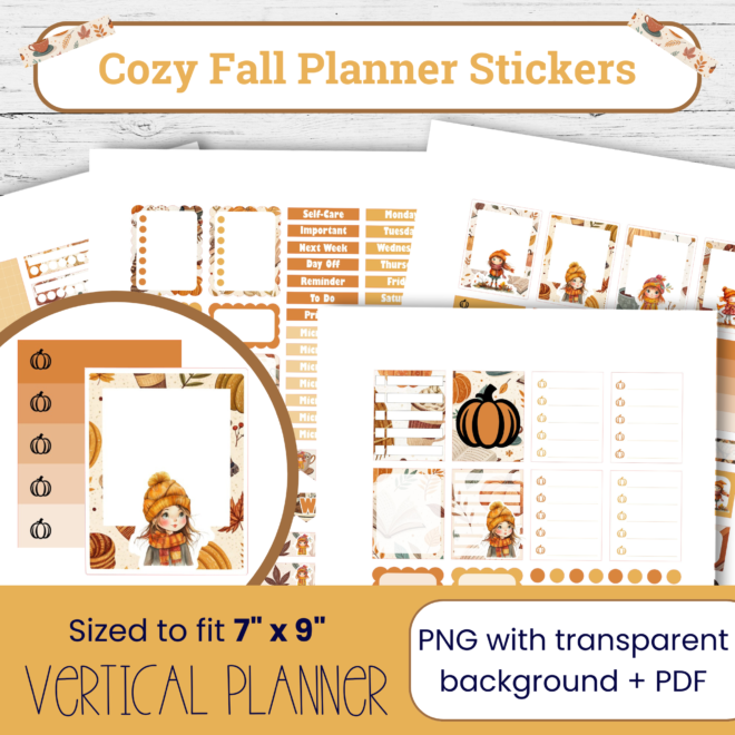 Cozy Fall Stickers for Your Planner – Printable Autumn Sticker Kit in Warm Fall Color Palette for Vertical Planners CF106