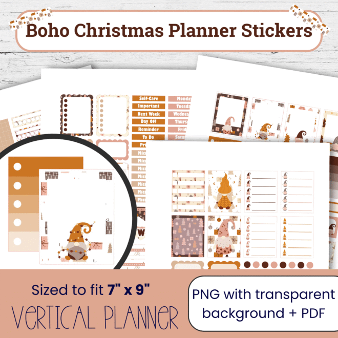 Boho Christmas Gnome Weekly Planner Stickers - Printable Earth Tone Christmas Stickers for Vertical Planners BG104