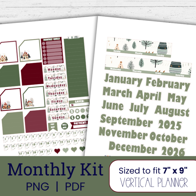 Scandinavian Christmas Village Monthly Stickers | Printable Stickers for Vertical Planners with Traditional Christmas Colors CV103