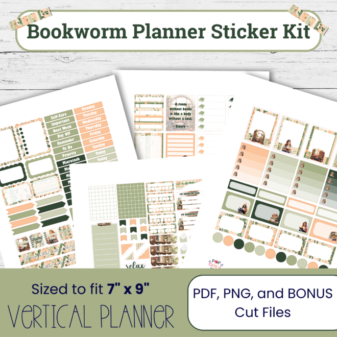 Bookworm Planner Sticker Kit: Cozy Reading Theme (PDF, PNG, Cut Files)