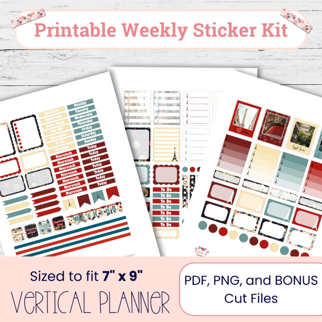 Paris Themed Weekly Planner Stickers | Printable Vertical Planner Sticker Kit