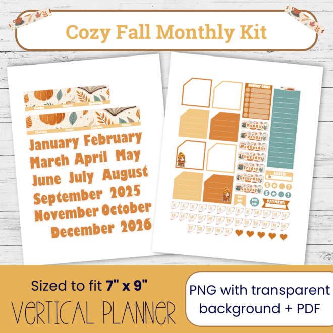 Cozy Fall Monthly Planner Stickers – Printable Autumn Planner Kit with Cozy Fall Colors for Vertical Planners CF106