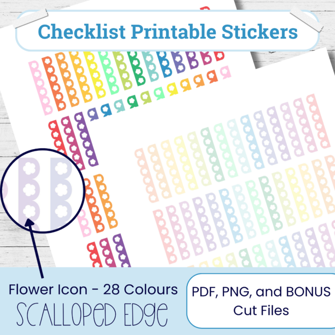 Scalloped Checklist Stickers: Flower Icon, 28 Colors (Printable PNG, PDF. Cut Files)