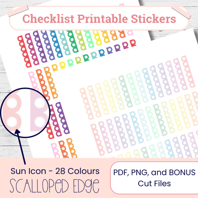 Scallop Checklist Stickers: Sun Icon, Rainbow Colors (Printable PNG, PDF, Cut Files)