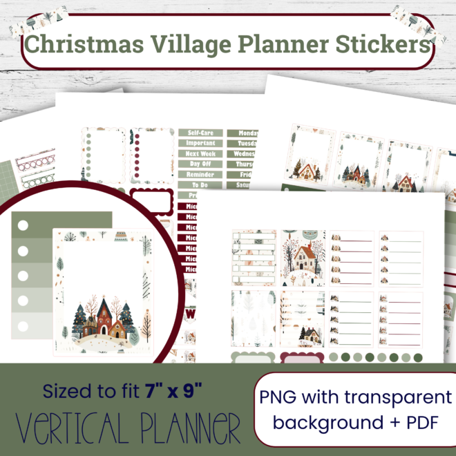 Scandinavian Christmas Village Weekly Planner Stickers – Printable Cozy Christmas Holiday Stickers for Vertical Planners CV103
