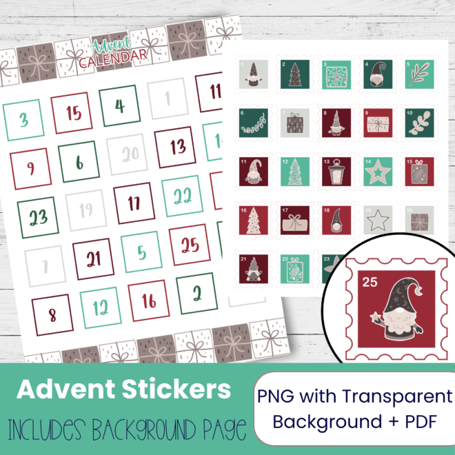 Scandinavian Gnome Advent Calendar 2026 – Whimsical Printable Christmas Countdown Stickers for Planners, Journaling and More