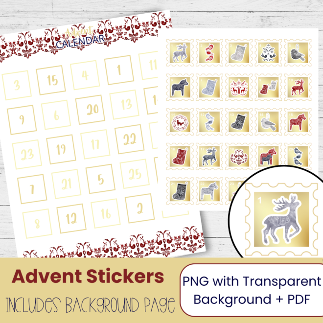 Swedish Christmas Advent Calendar 2026 – Printable Folk Art Christmas Countdown Stickers for Planners and DIY Crafts
