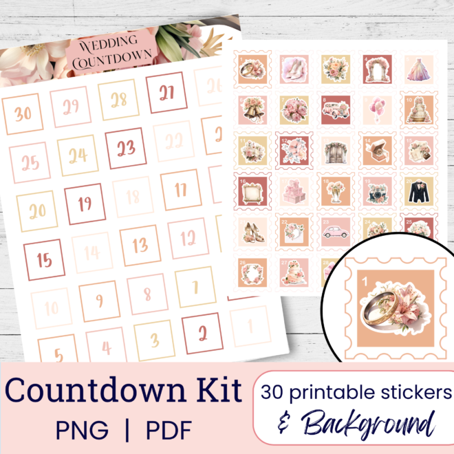 Wedding Countdown Calendar and Stickers | Classic Wedding | Printable Stickers | Advent Calendar | Bridal Shower Gift for Her