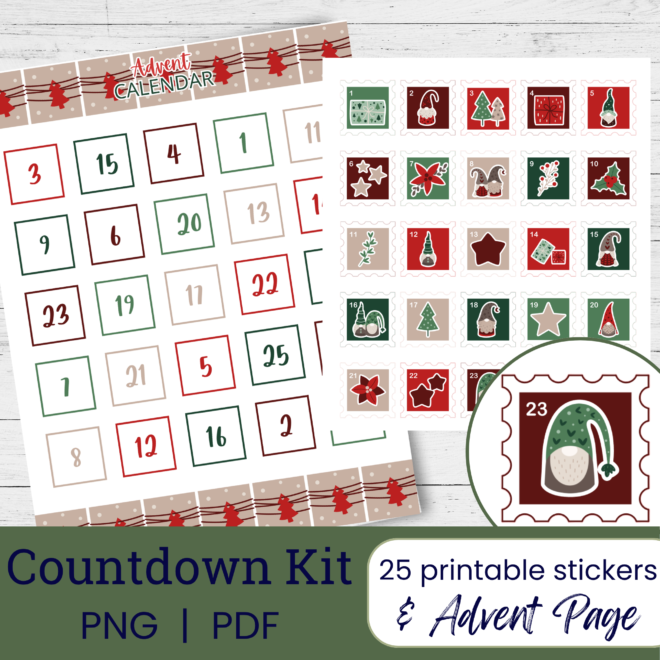 Traditional Christmas Gnomes Countdown Stickers (Printable)