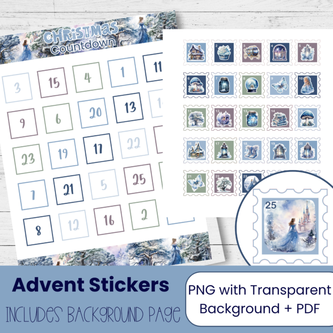 Enchanted Winter Advent Calendar 2026 | Printable Christmas Countdown Stickers | Cozy Advent Printable | Blue Winter Holiday Stickers SW107