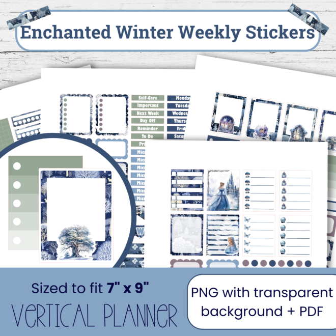 Enchanted Winter Weekly Planner Kit | Vertical Planner Printable Stickers | Blue Fairy Tale Stickers | Winter Weekly Spread SW107