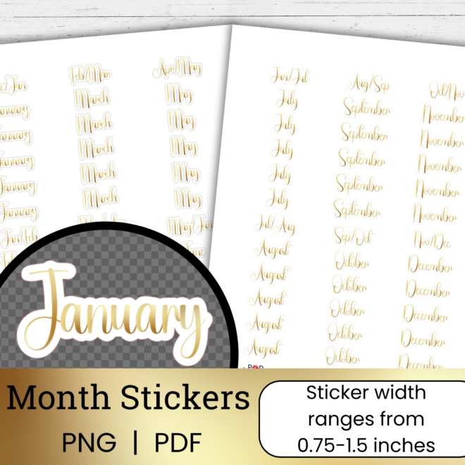 Gold Month Stickers | Planner Labels for Vertical Layouts | Minimal Printable Stickers | PNG + PDF