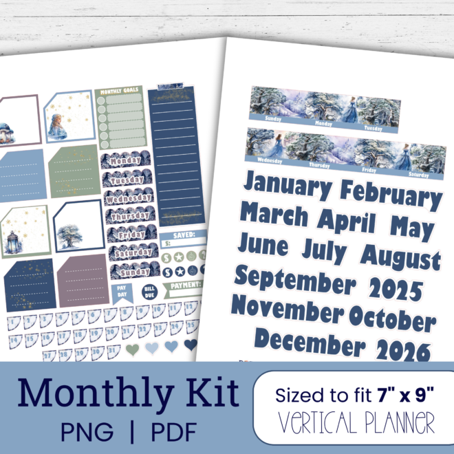 Enchanted Winter Monthly Sticker Kit | Vertical Planner Printable Stickers | Blue Fairy Tale Month Stickers for Monthly Spreads SW107