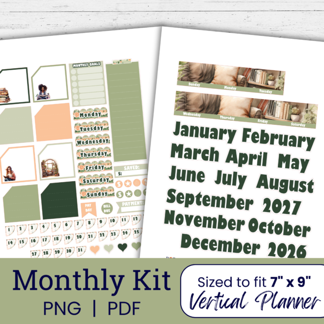 Bookworm Monthly Planner Stickers | Printable Stickers for Vertical Planner BW110