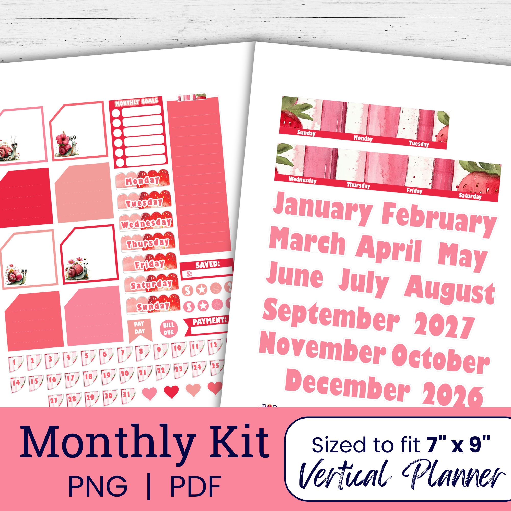 Summer Snails Monthly Planner Sticker Kit (Printable)